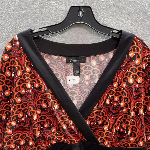 INC Women Top 1X Red Blouse Kimono Metallic Detail Faux Wrap 3/4 Sleeve Tunic - Picture 7 of 7